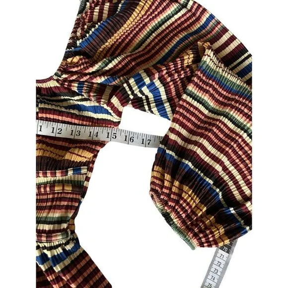 Zara Dress Fall Colors Striped Pleated Empire Waist SZ Medium Square Neck - Picture 12 of 13